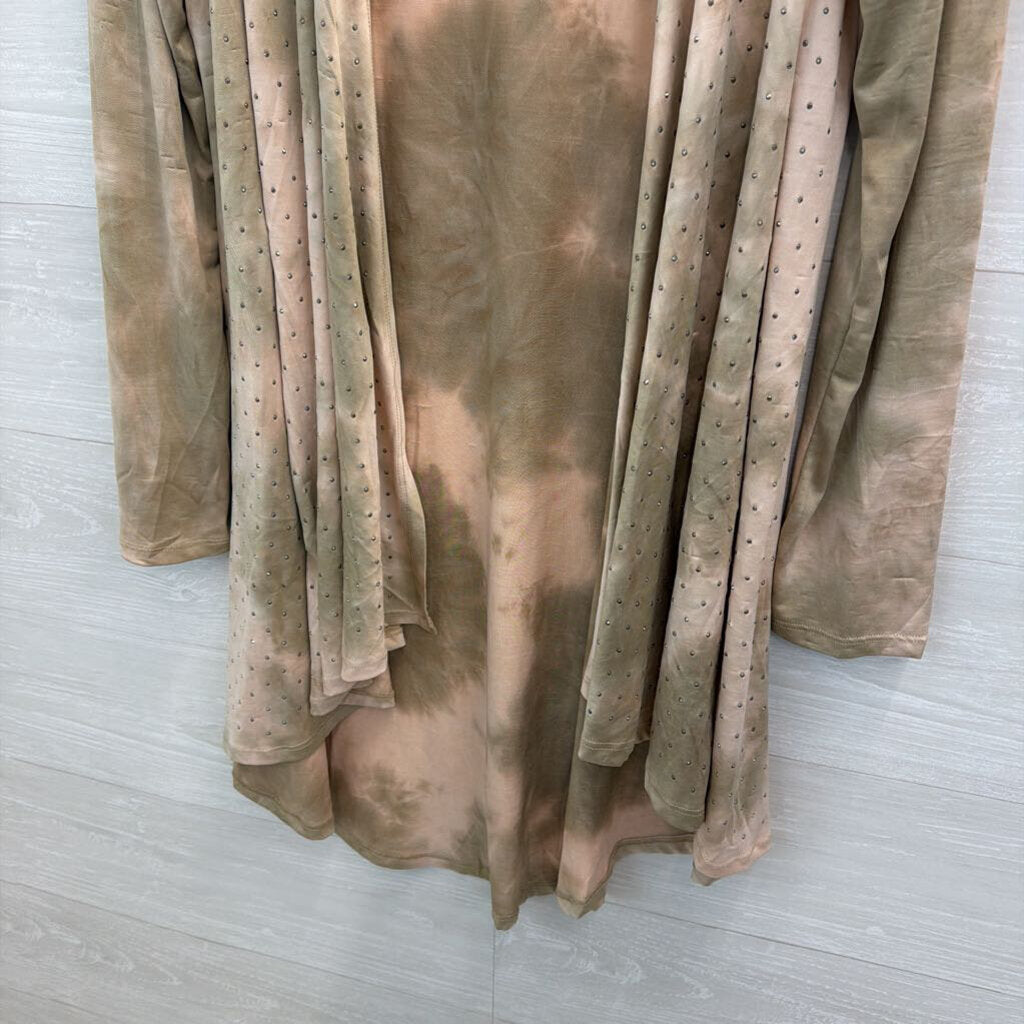 Vocal Brown/ Pink Tie Dye Embellished Open Front Long Sleeve Top Large