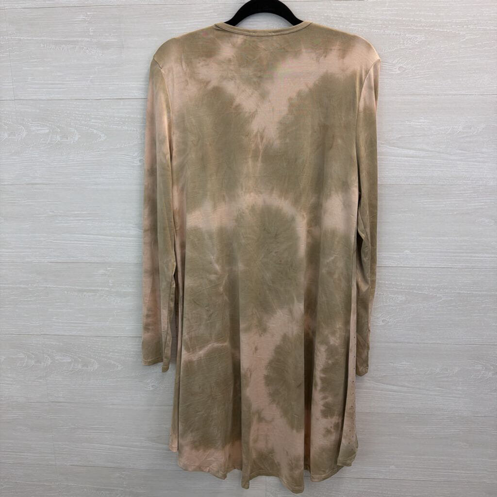 Vocal Brown/ Pink Tie Dye Embellished Open Front Long Sleeve Top Large