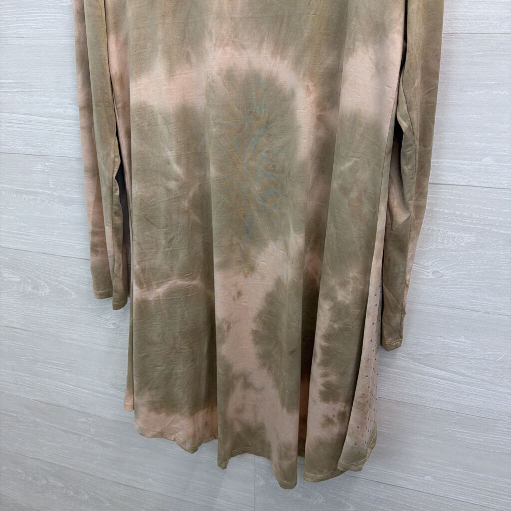 Vocal Brown/ Pink Tie Dye Embellished Open Front Long Sleeve Top Large