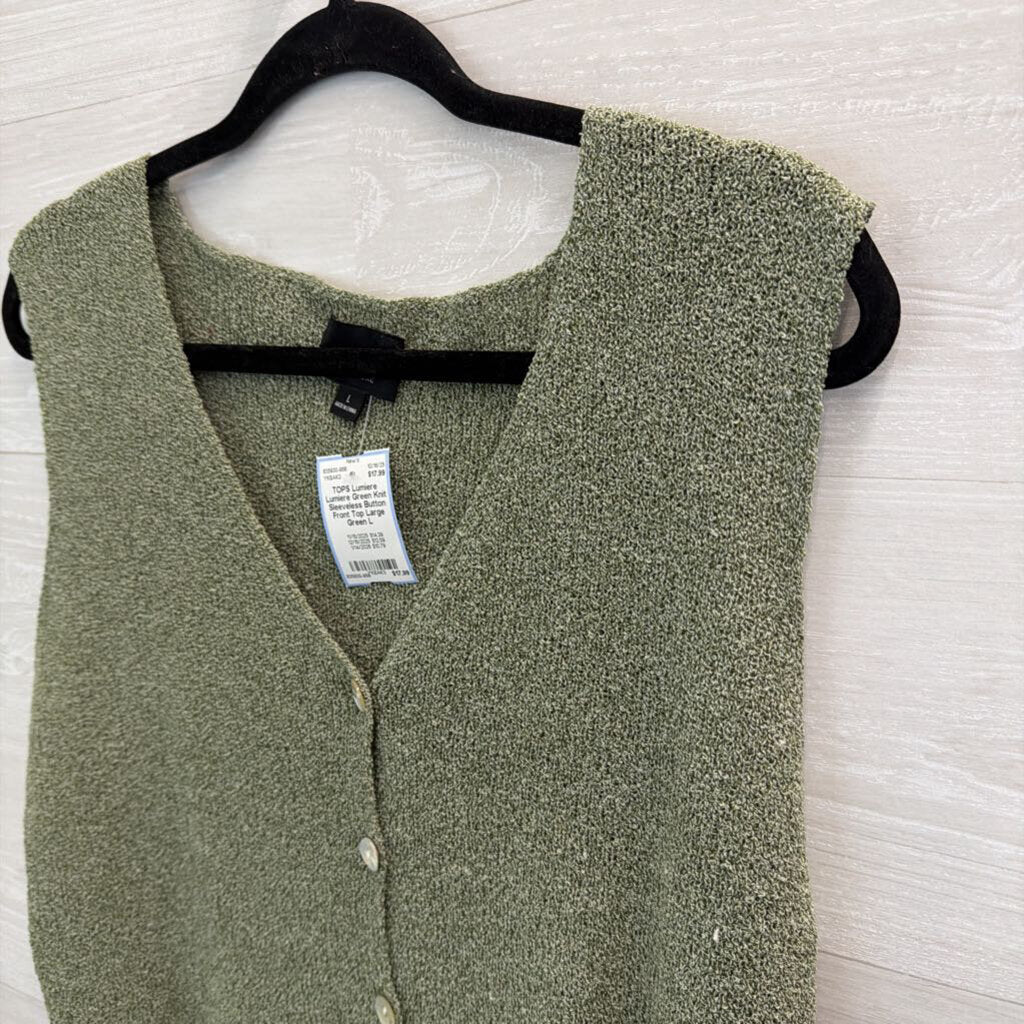 Lumiere Green Knit Sleeveless Button Front Top Large