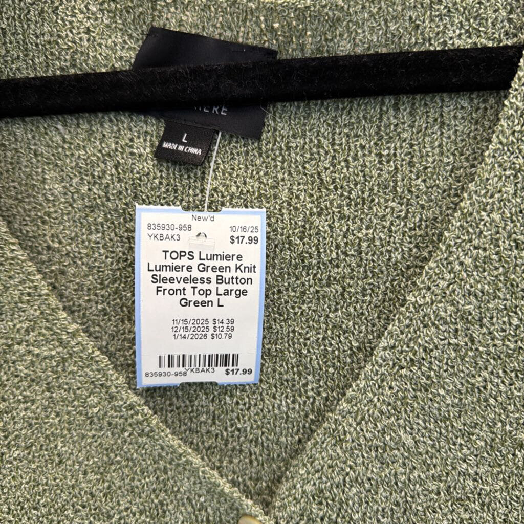 Lumiere Green Knit Sleeveless Button Front Top Large