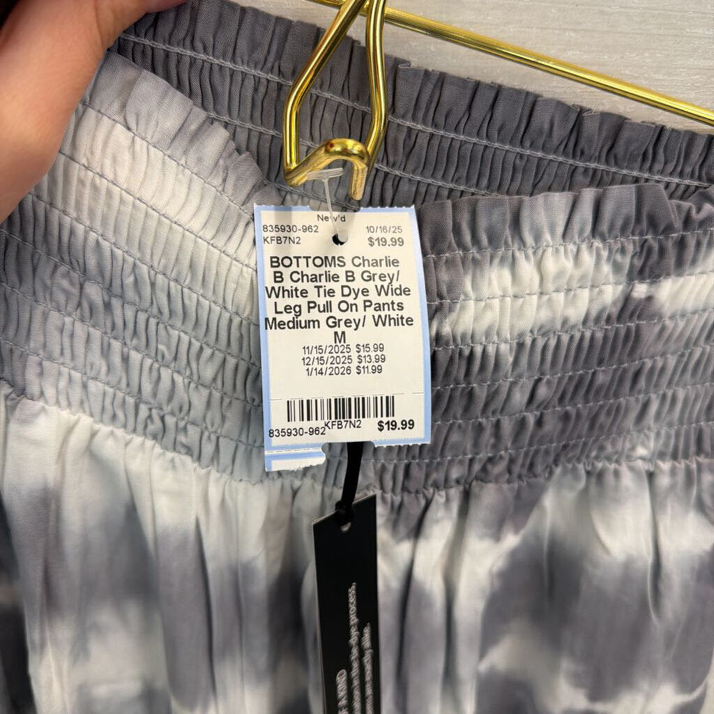 Charlie B Grey/ White Tie Dye Wide Leg Pull On Pants Medium