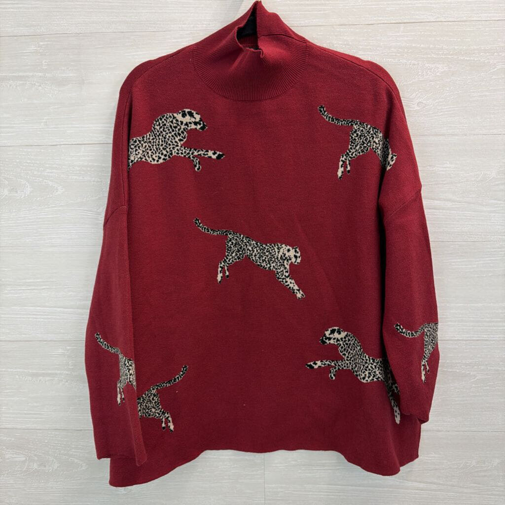 Ali Miles Red Animal Print Long Sleeve Mock Neck Sweater Top Small