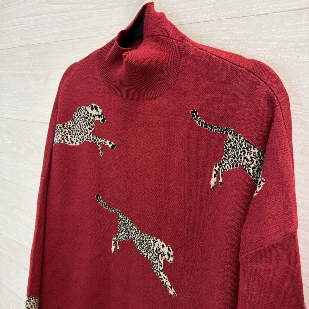 Ali Miles Red Animal Print Long Sleeve Mock Neck Sweater Top Small