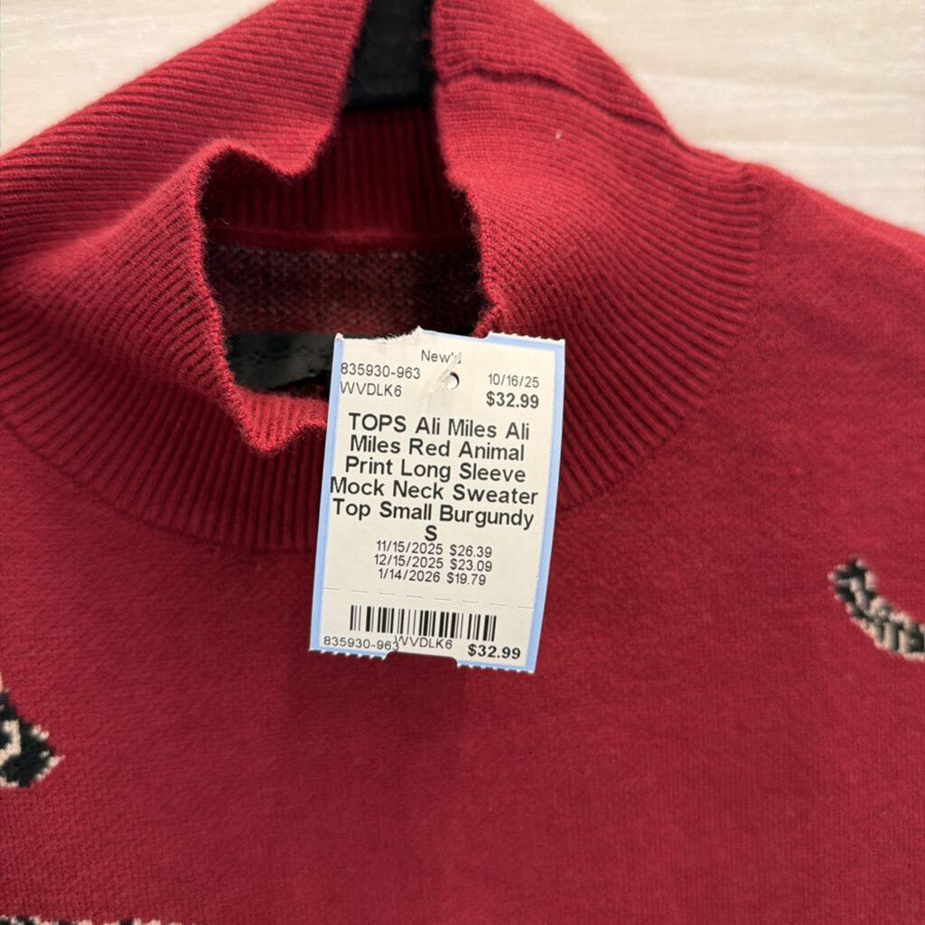 Ali Miles Red Animal Print Long Sleeve Mock Neck Sweater Top Small
