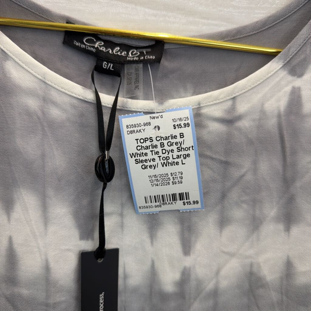 Charlie B Grey/ White Tie Dye Short Sleeve Top Large