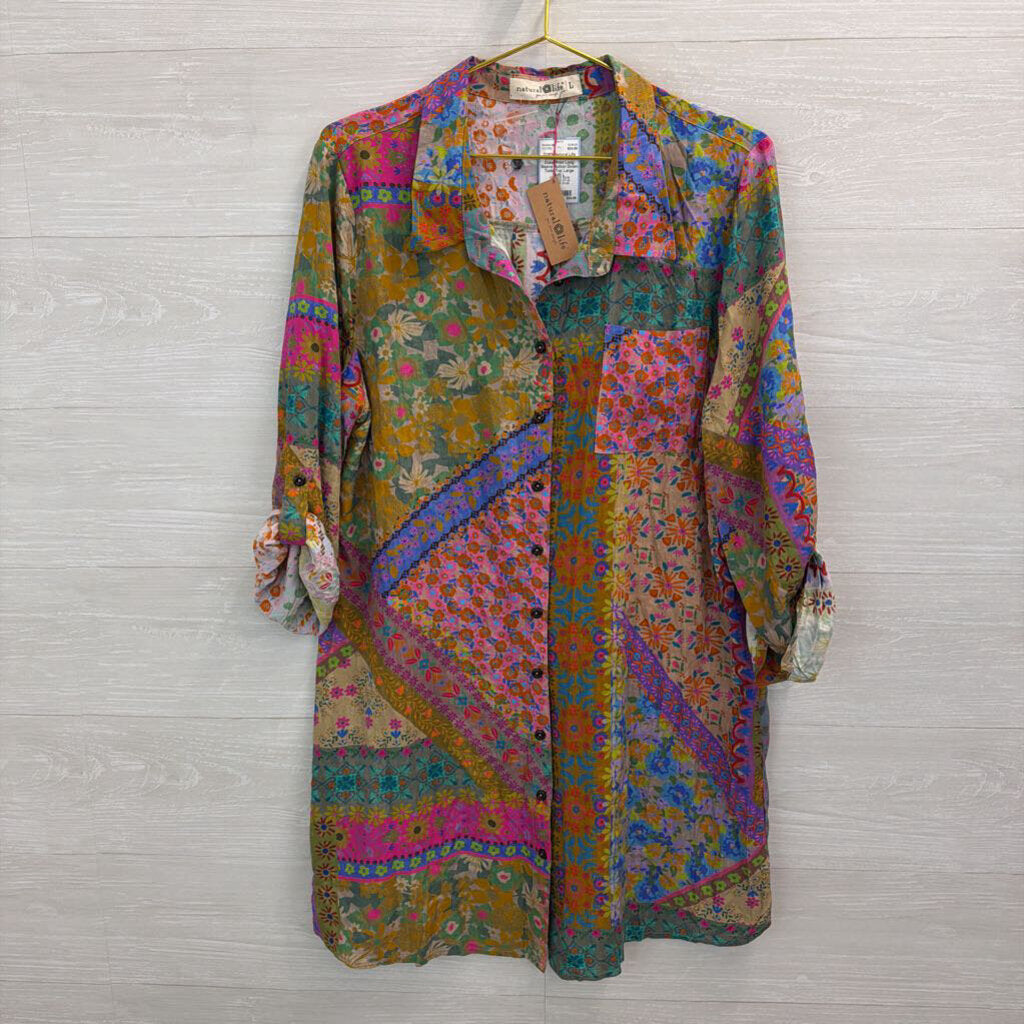 Natural Life Multi Color Print Long Sleeve Button Down Tunic Top Large