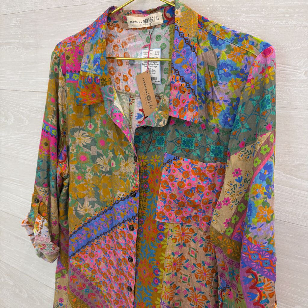 Natural Life Multi Color Print Long Sleeve Button Down Tunic Top Large