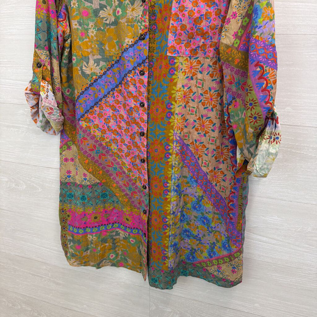 Natural Life Multi Color Print Long Sleeve Button Down Tunic Top Large