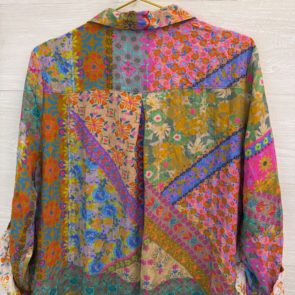 Natural Life Multi Color Print Long Sleeve Button Down Tunic Top Large