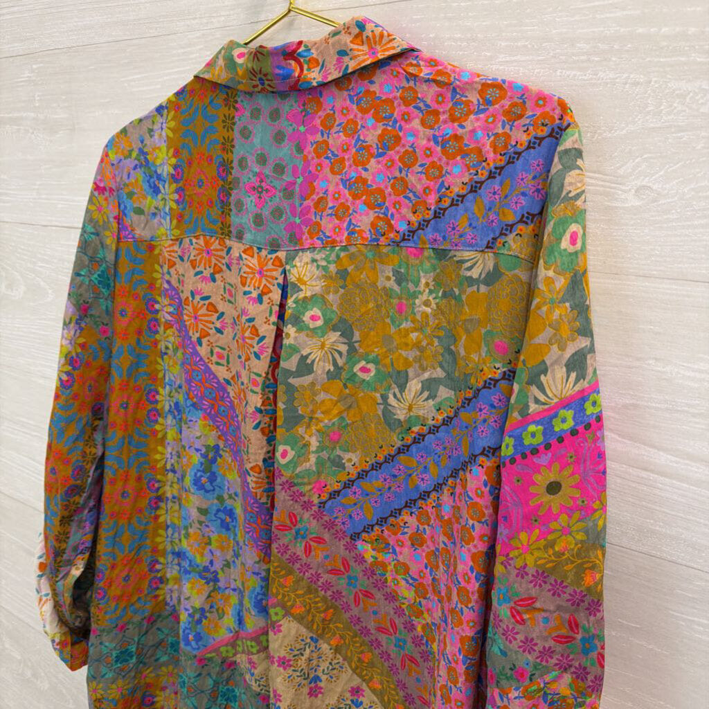 Natural Life Multi Color Print Long Sleeve Button Down Tunic Top Large