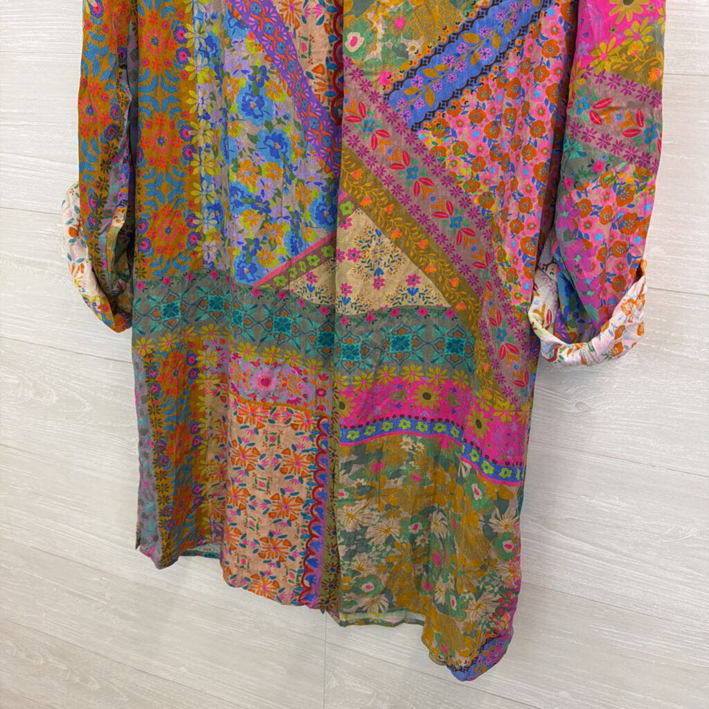 Natural Life Multi Color Print Long Sleeve Button Down Tunic Top Large