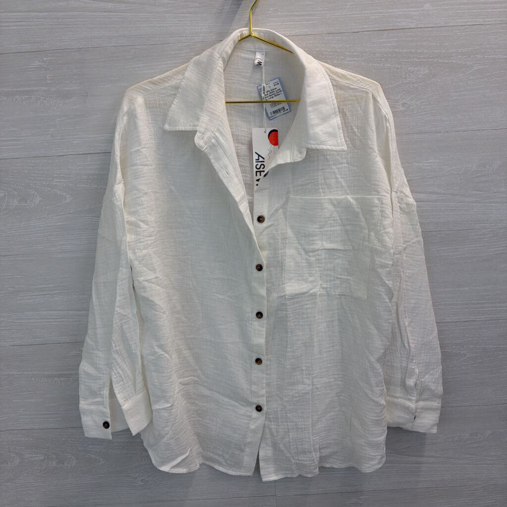 Aisew White Long Sleeve Button Down Top Large