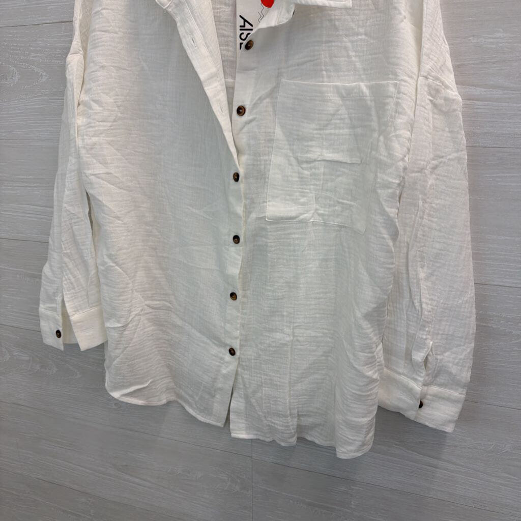 Aisew White Long Sleeve Button Down Top Large
