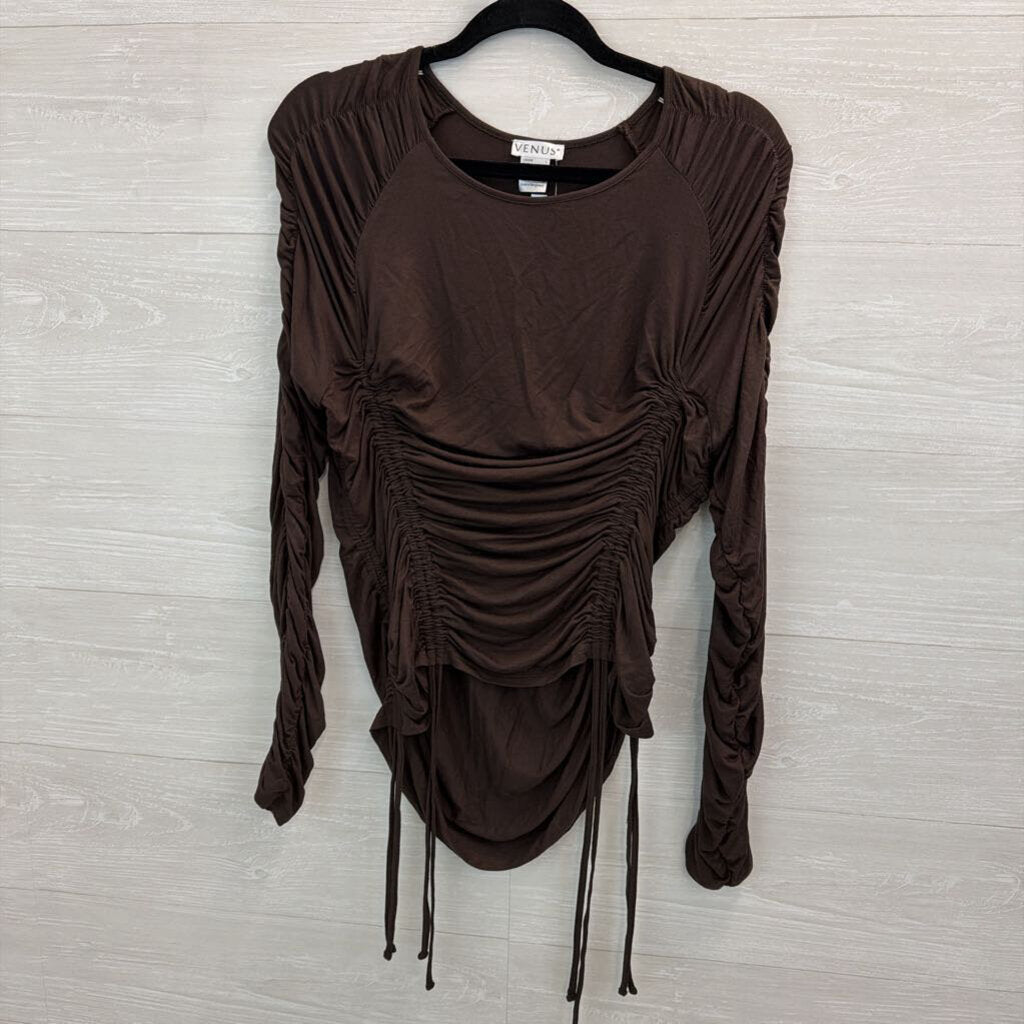 Venus Brown Ruched Long Sleeve Top Large