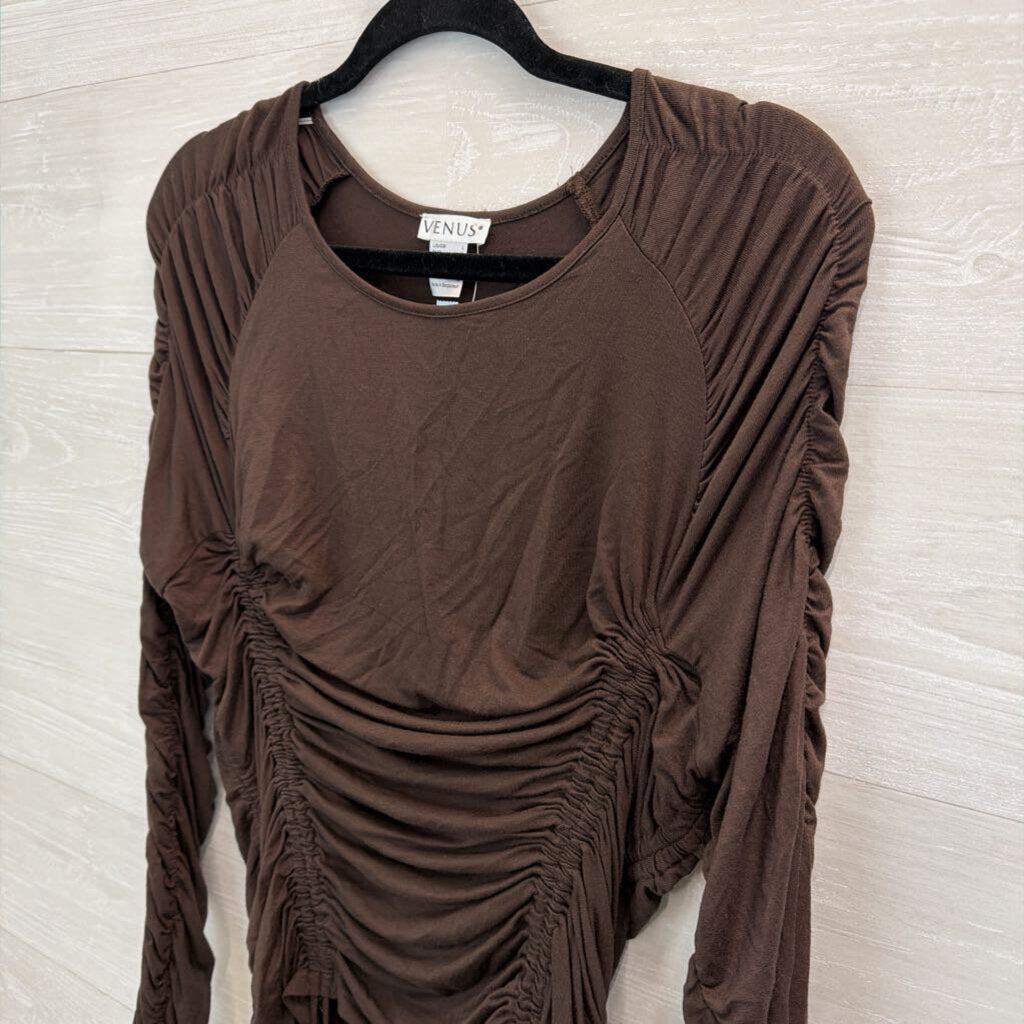 Venus Brown Ruched Long Sleeve Top Large