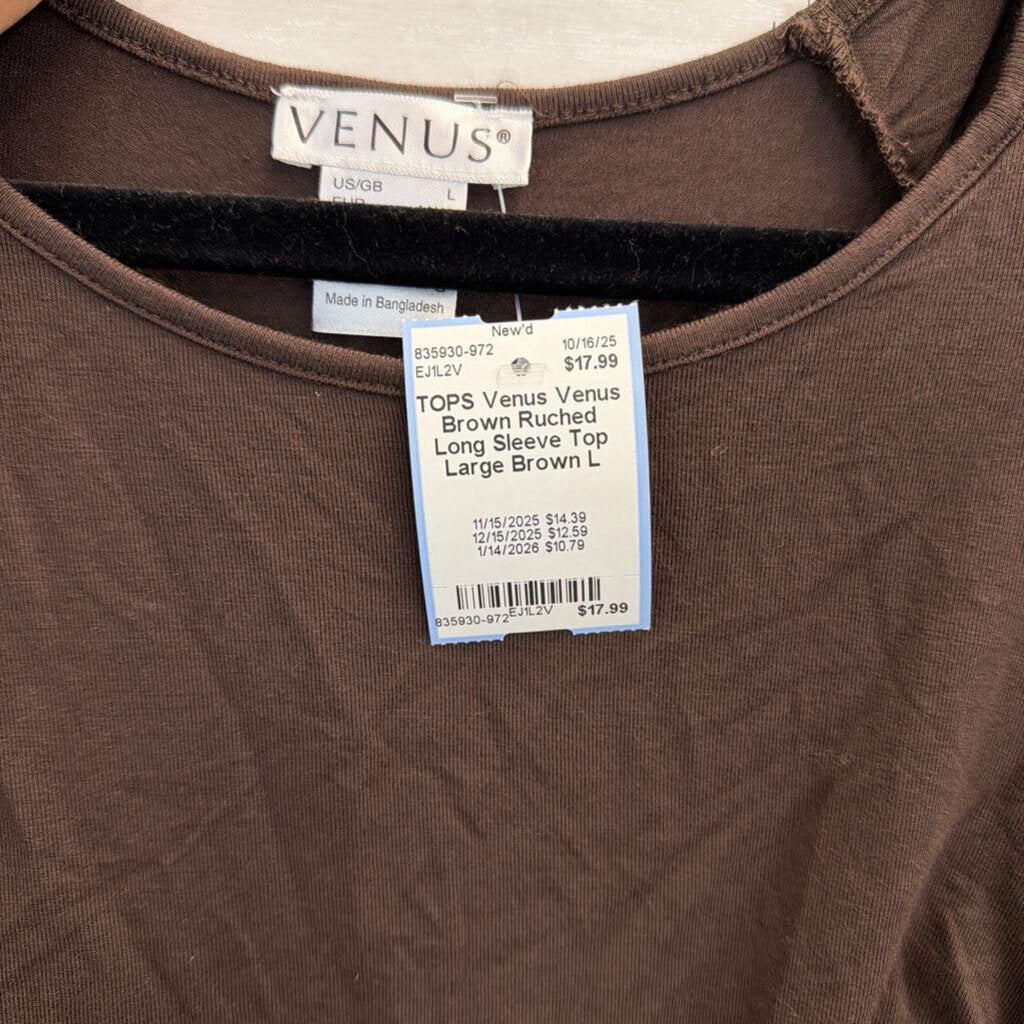 Venus Brown Ruched Long Sleeve Top Large