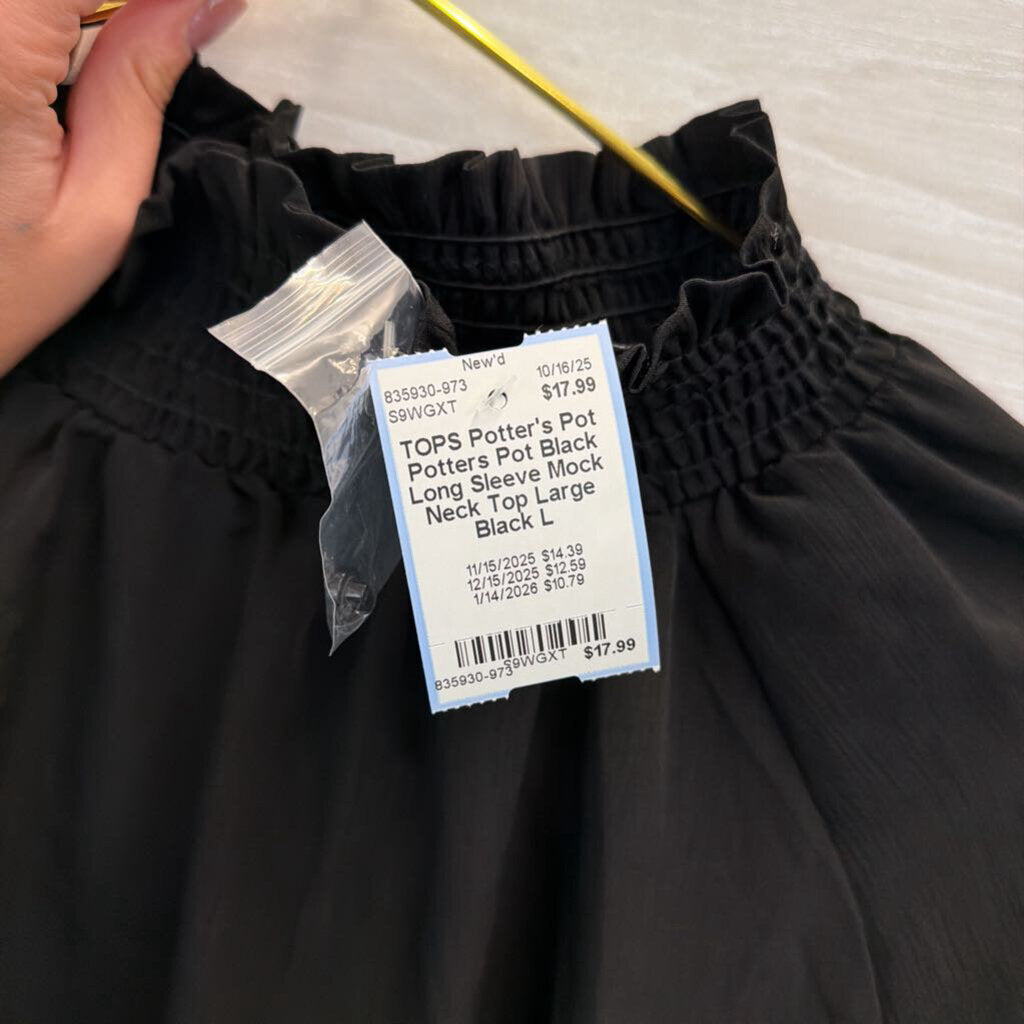 Potters Pot Black Long Sleeve Mock Neck Top Large