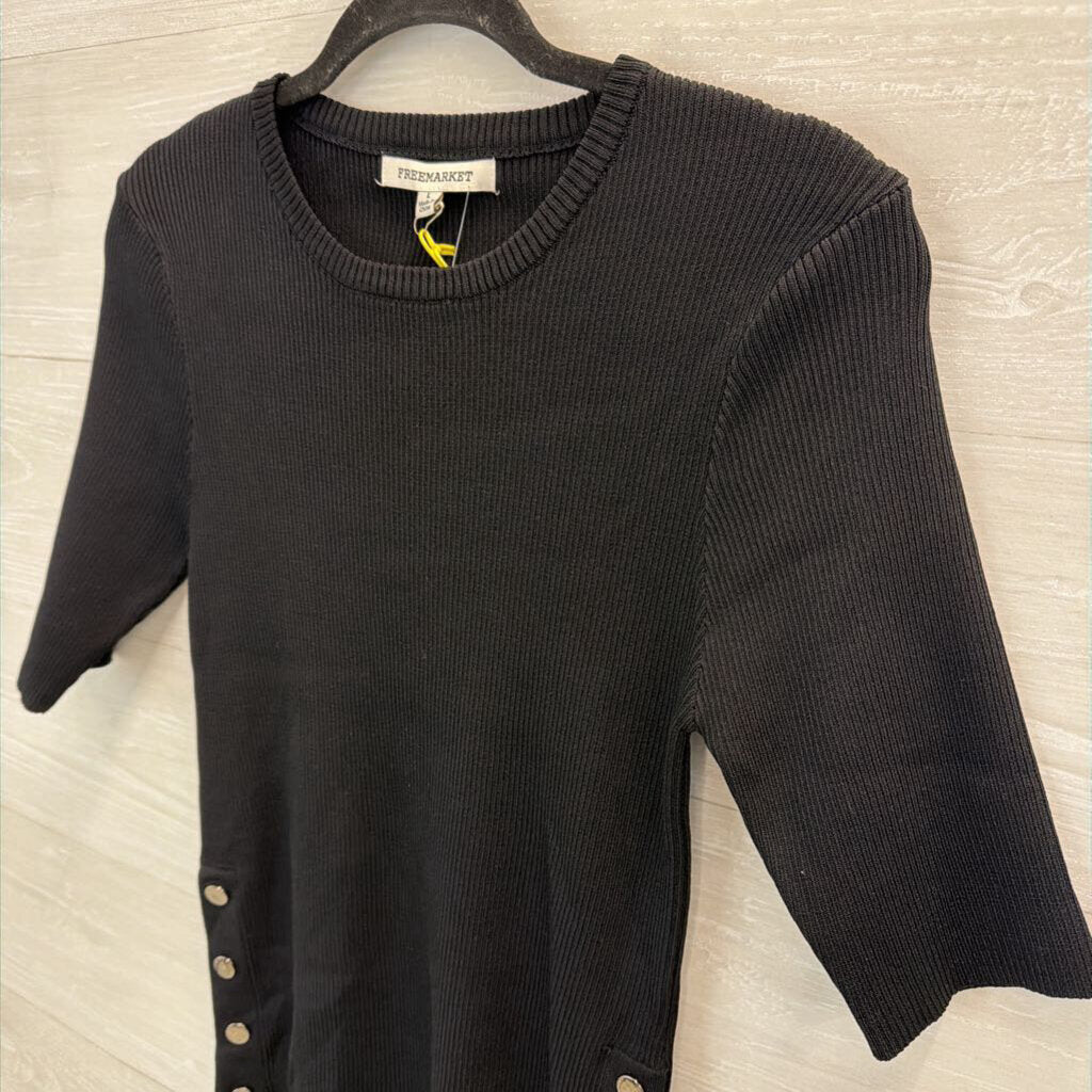 Free Market Black Ribbed Knit Short Sleeve Top Large