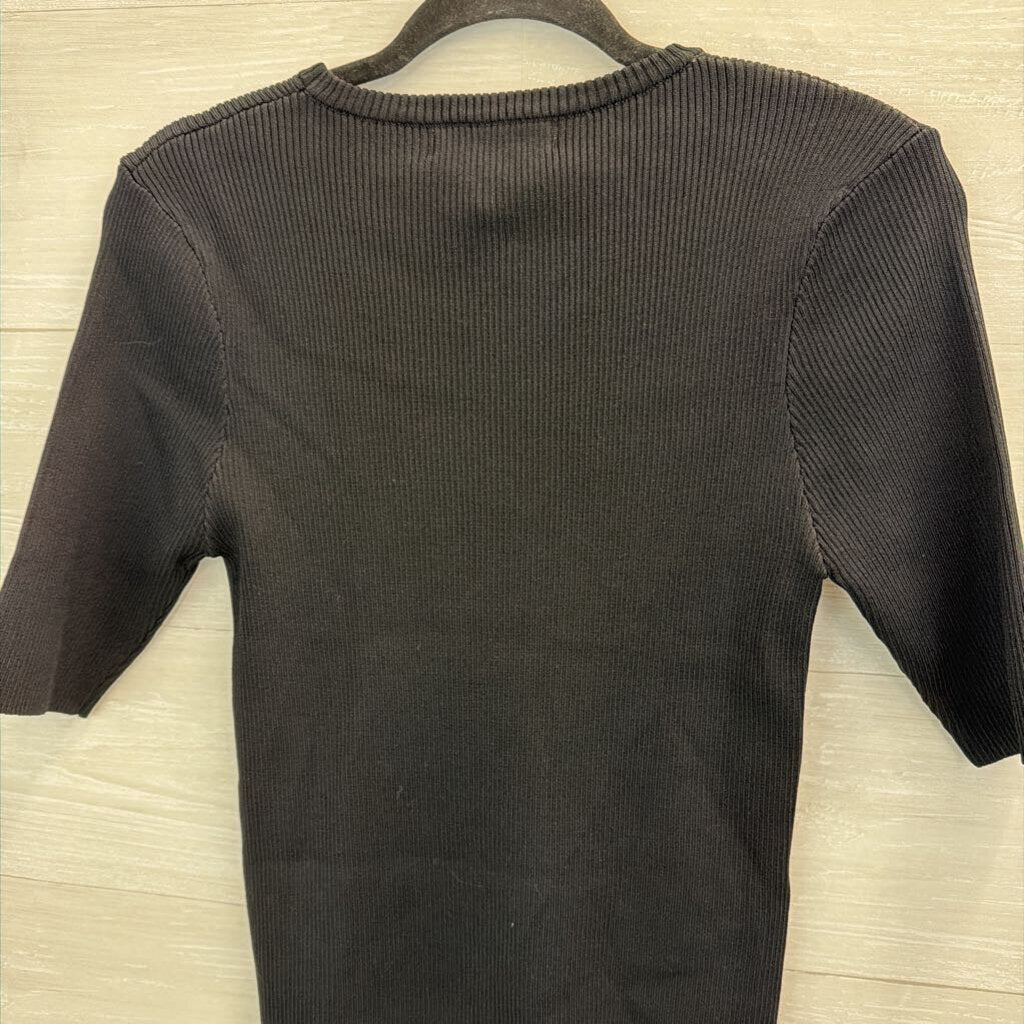 Free Market Black Ribbed Knit Short Sleeve Top Large