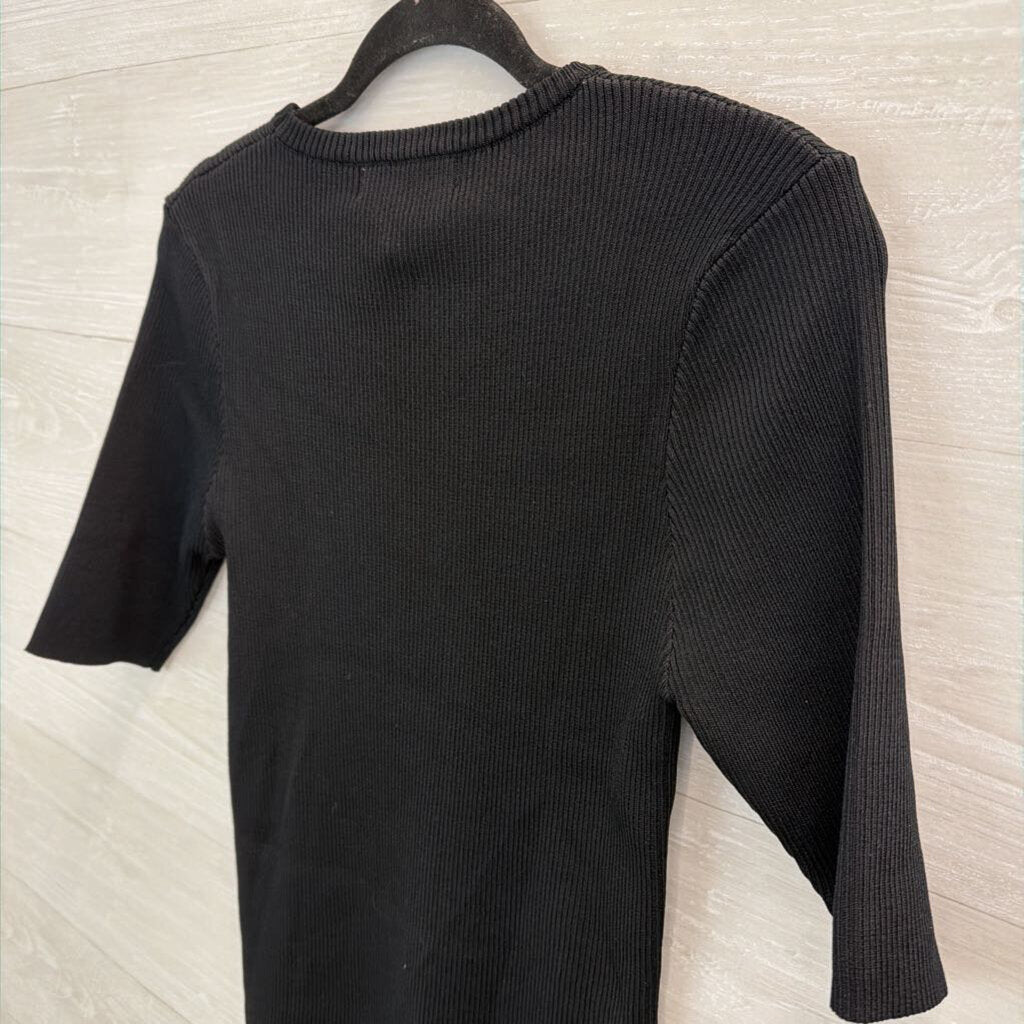 Free Market Black Ribbed Knit Short Sleeve Top Large