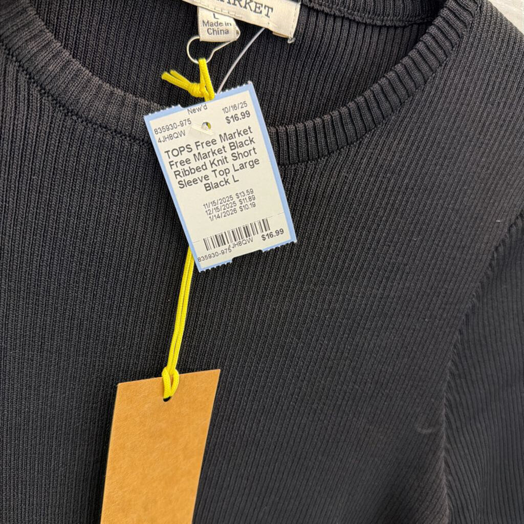 Free Market Black Ribbed Knit Short Sleeve Top Large