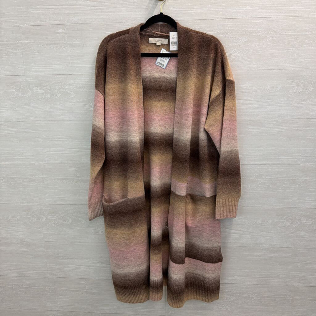 Loft Brown/ Pink Striped Knit Long Open Front Sweater XXL