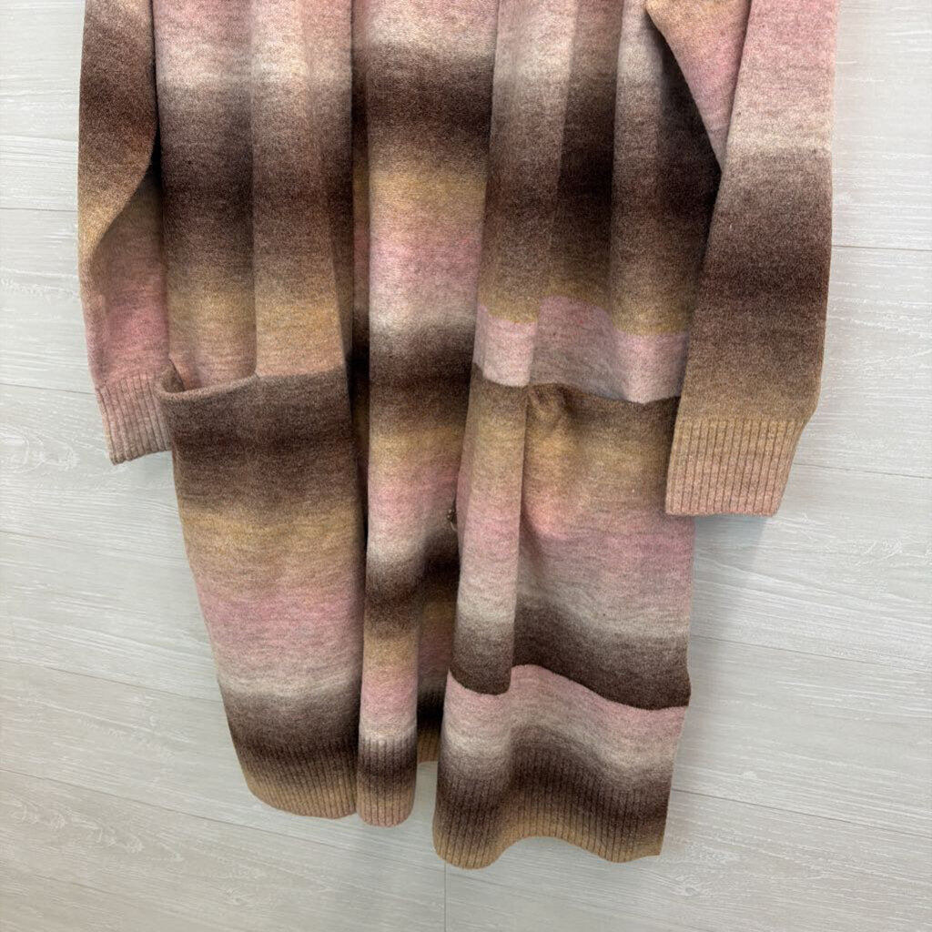 Loft Brown/ Pink Striped Knit Long Open Front Sweater XXL