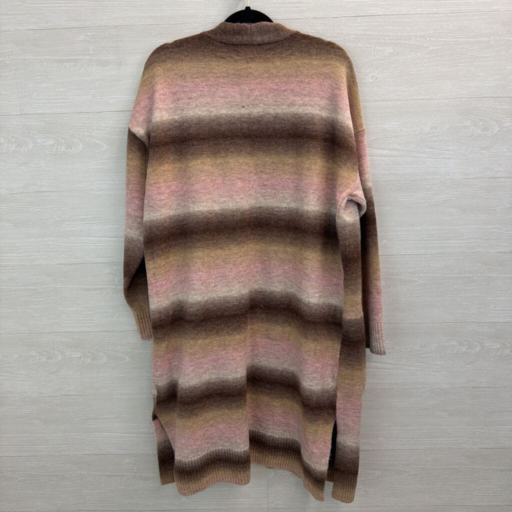 Loft Brown/ Pink Striped Knit Long Open Front Sweater XXL