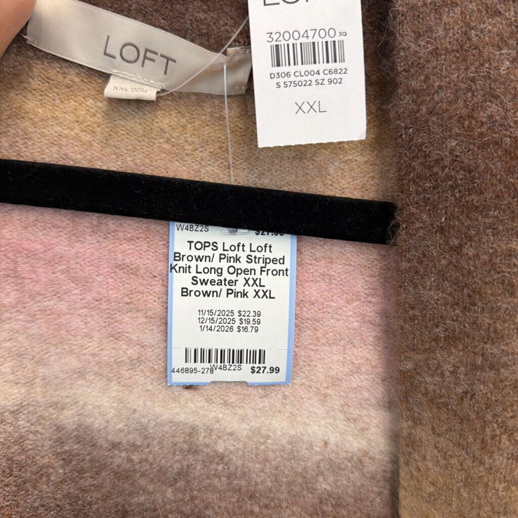 Loft Brown/ Pink Striped Knit Long Open Front Sweater XXL