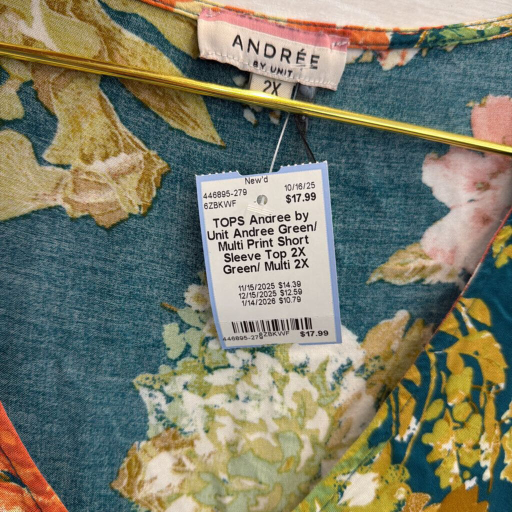 Andree Green/ Multi Print Short Sleeve Top 2X