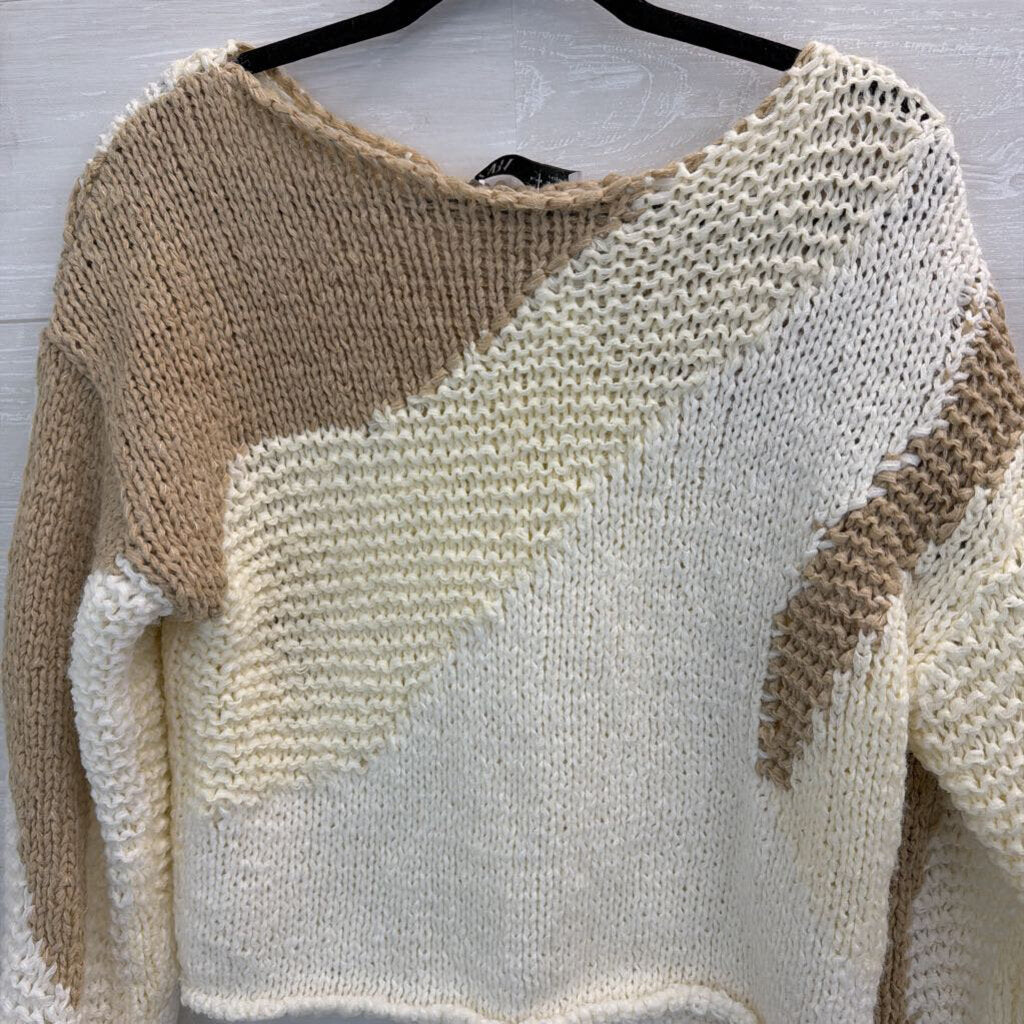 Zara Cream/ Brown Knit Print Cropped Sweater Small