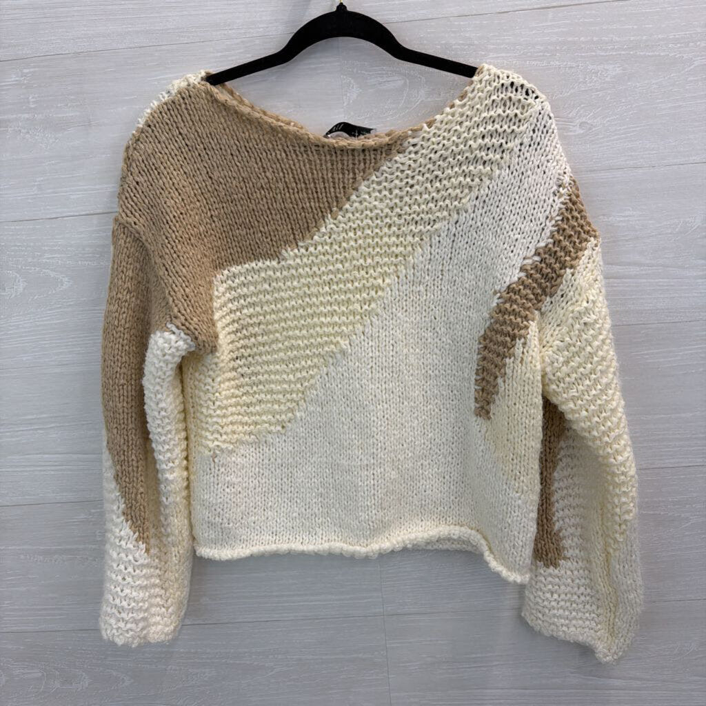 Zara Cream/ Brown Knit Print Cropped Sweater Small