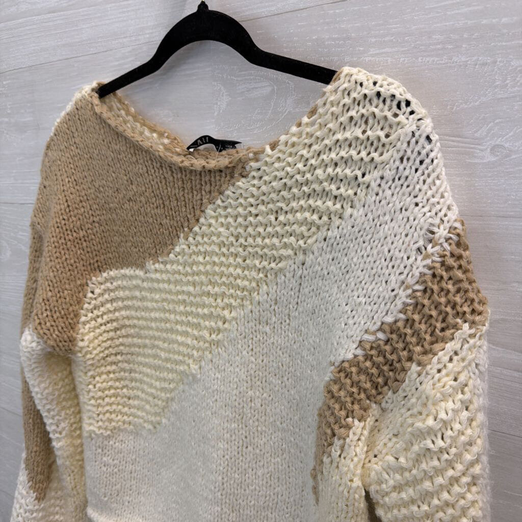 Zara Cream/ Brown Knit Print Cropped Sweater Small