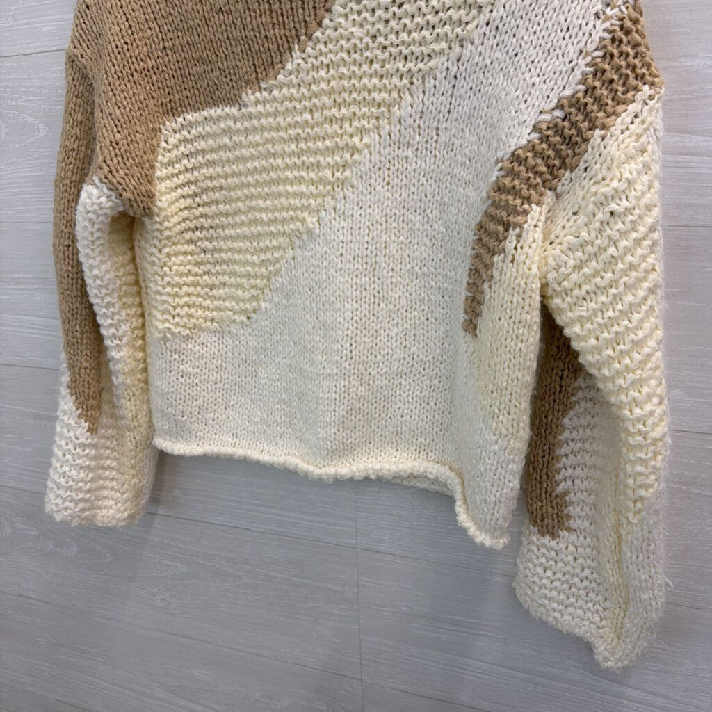 Zara Cream/ Brown Knit Print Cropped Sweater Small