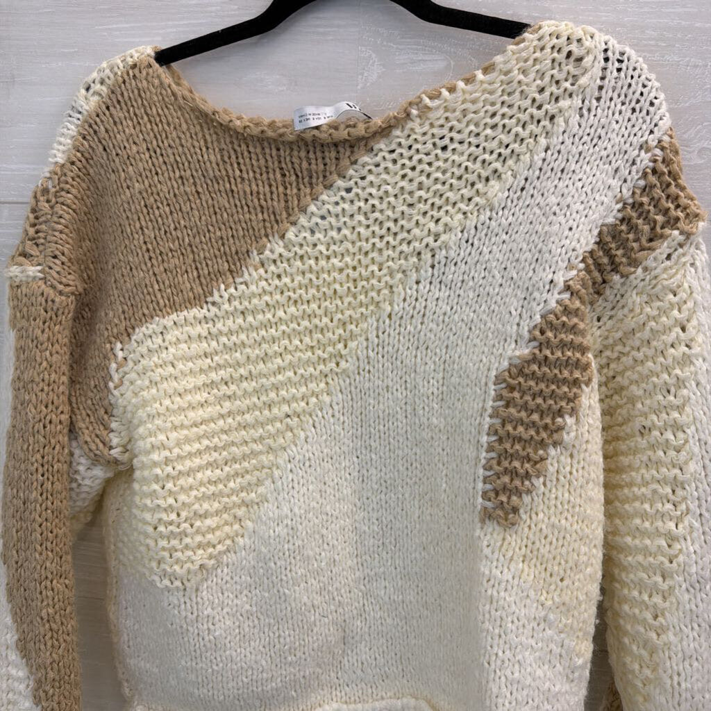 Zara Cream/ Brown Knit Print Cropped Sweater Small