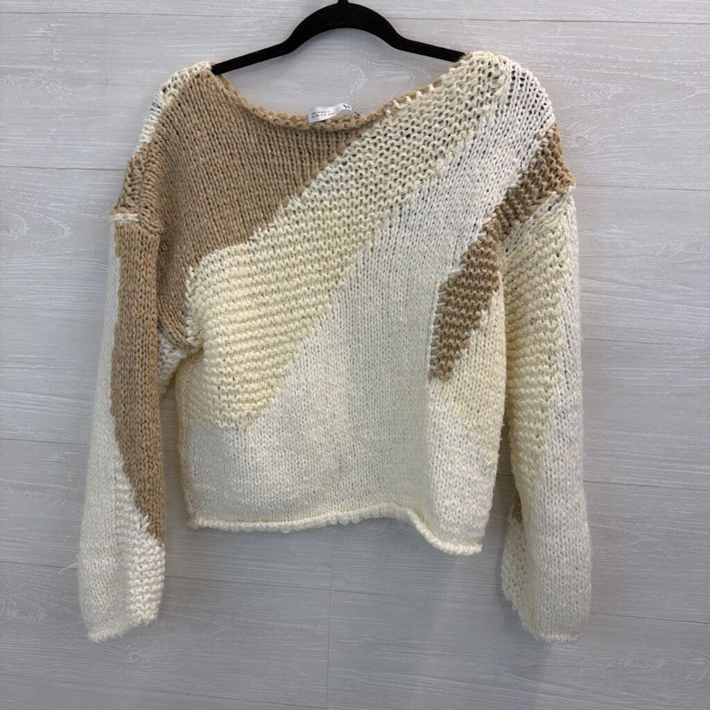 Zara Cream/ Brown Knit Print Cropped Sweater Small