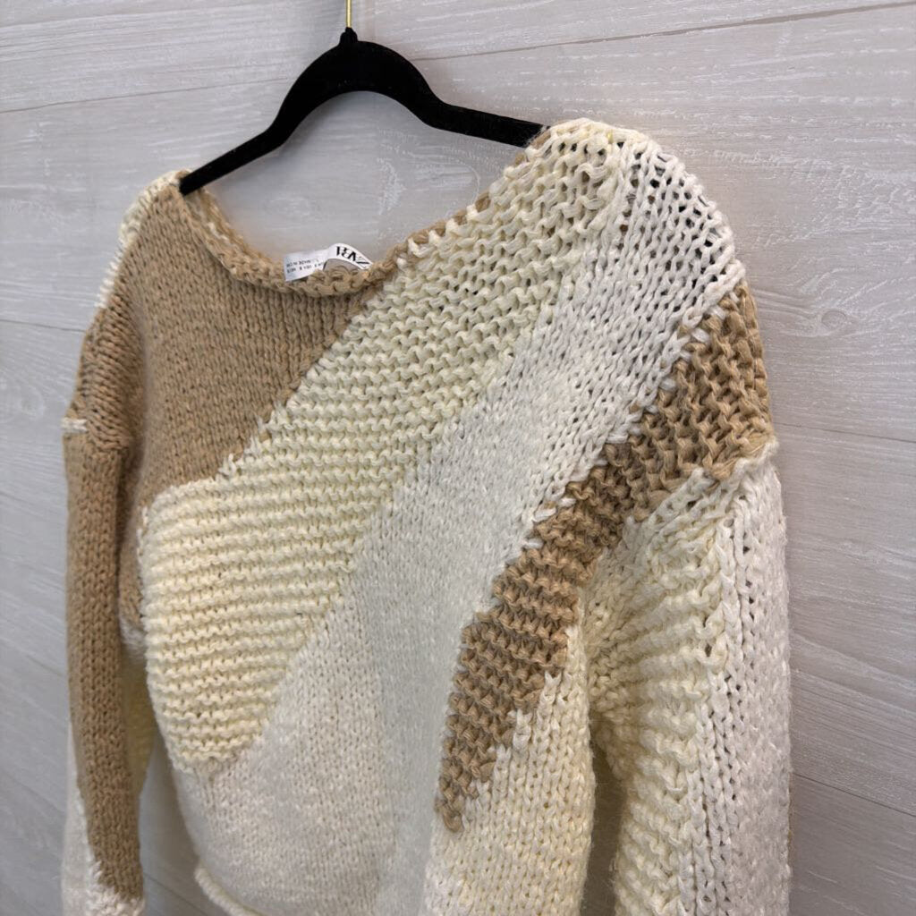 Zara Cream/ Brown Knit Print Cropped Sweater Small