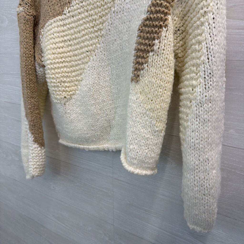 Zara Cream/ Brown Knit Print Cropped Sweater Small