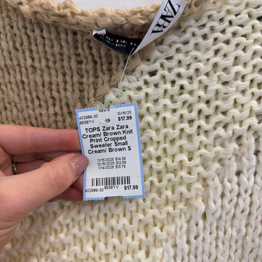 Zara Cream/ Brown Knit Print Cropped Sweater Small