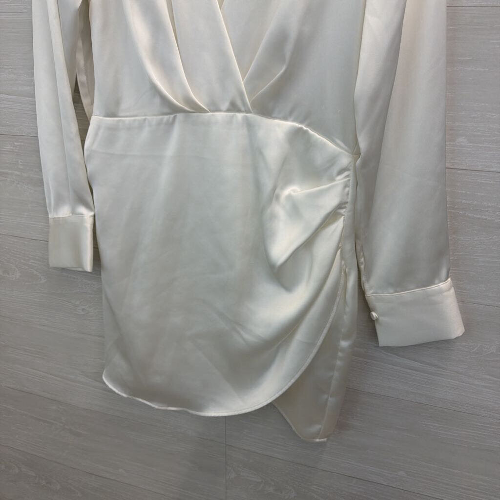 Zara White Silky Long Sleeve Dress Large