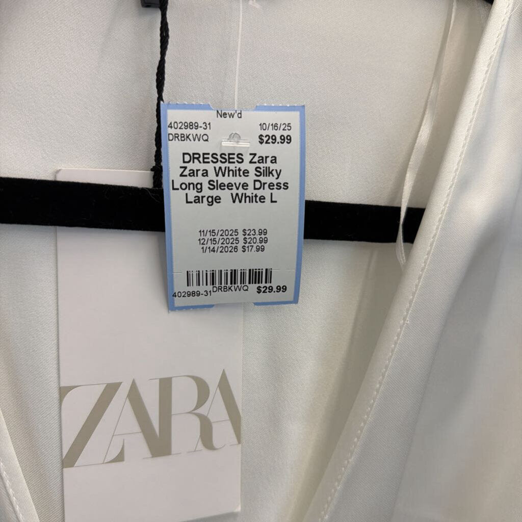 Zara White Silky Long Sleeve Dress Large