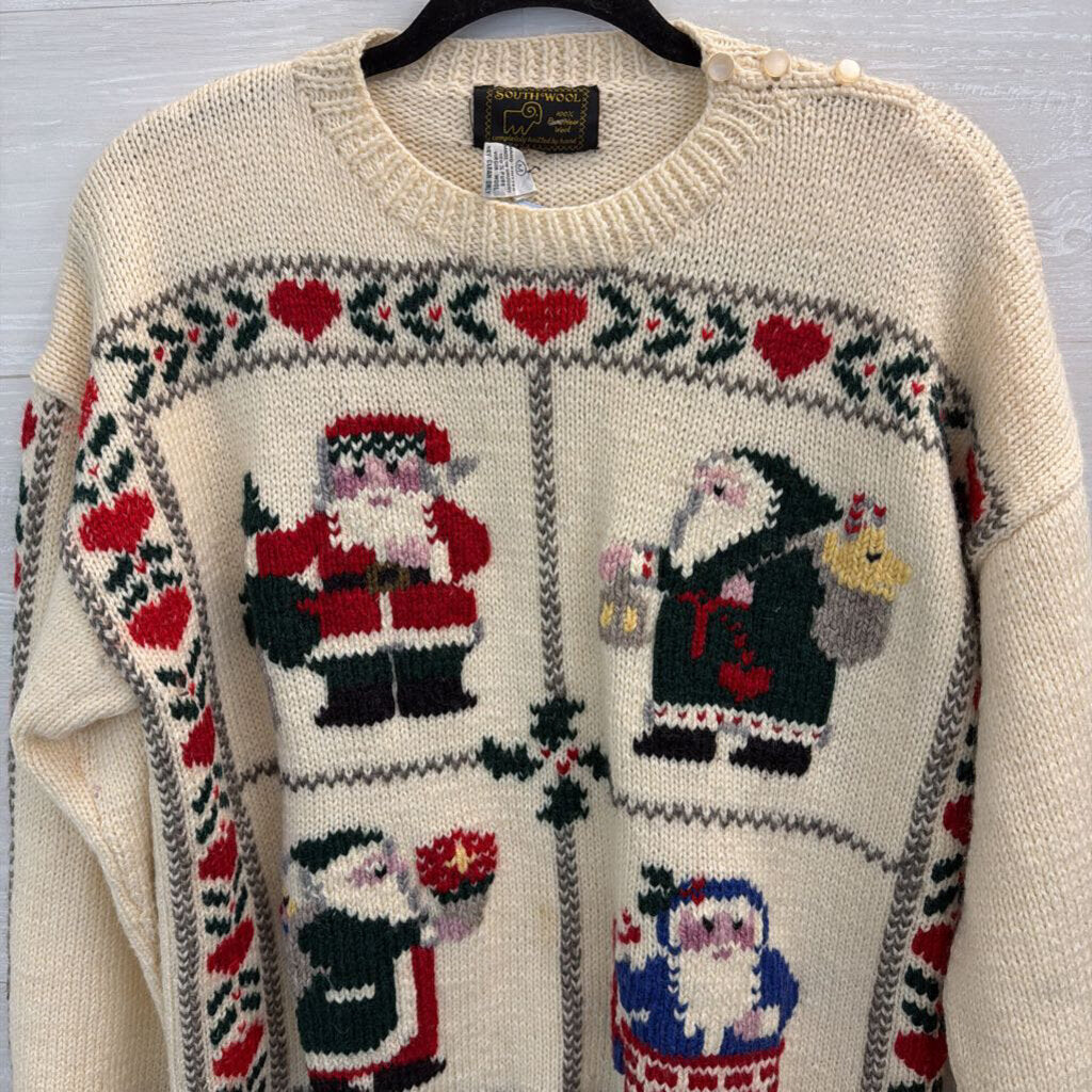 Vintage South Wool Cream/ Multi Santa Knit Sweater Medium