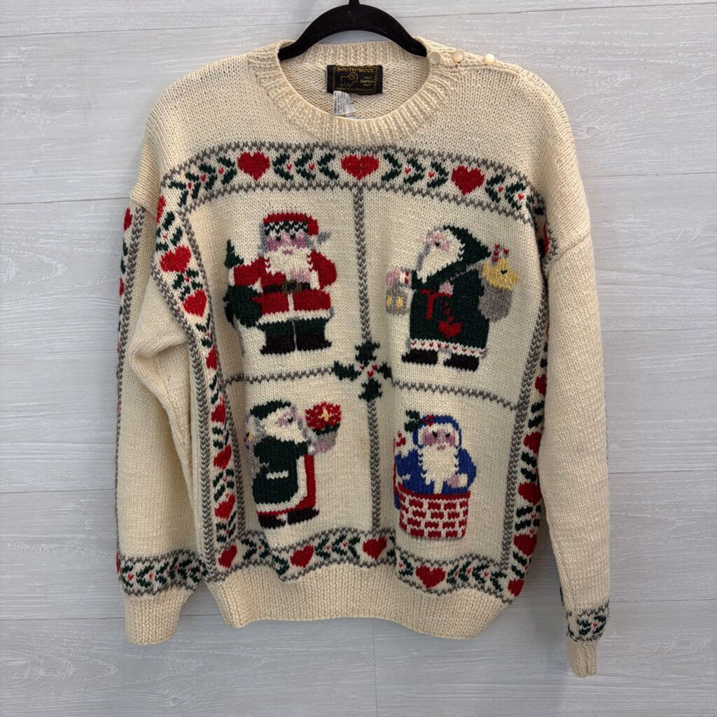 Vintage South Wool Cream/ Multi Santa Knit Sweater Medium