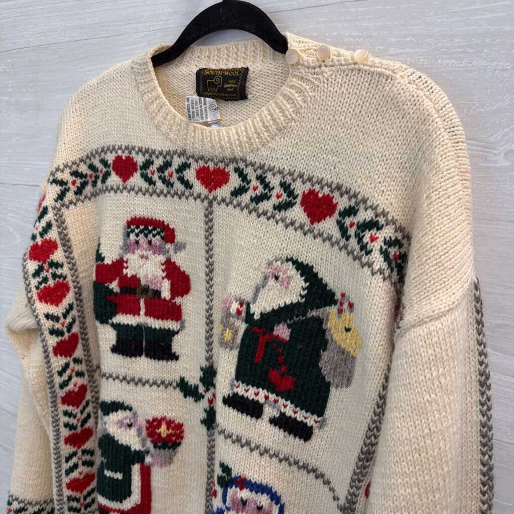 Vintage South Wool Cream/ Multi Santa Knit Sweater Medium
