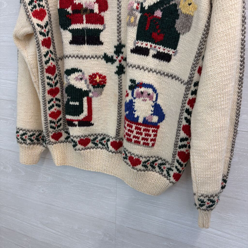 Vintage South Wool Cream/ Multi Santa Knit Sweater Medium