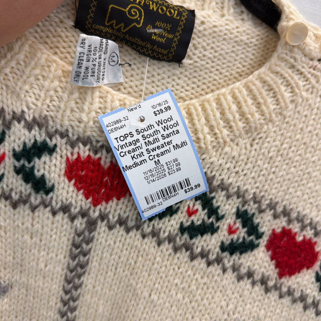 Vintage South Wool Cream/ Multi Santa Knit Sweater Medium
