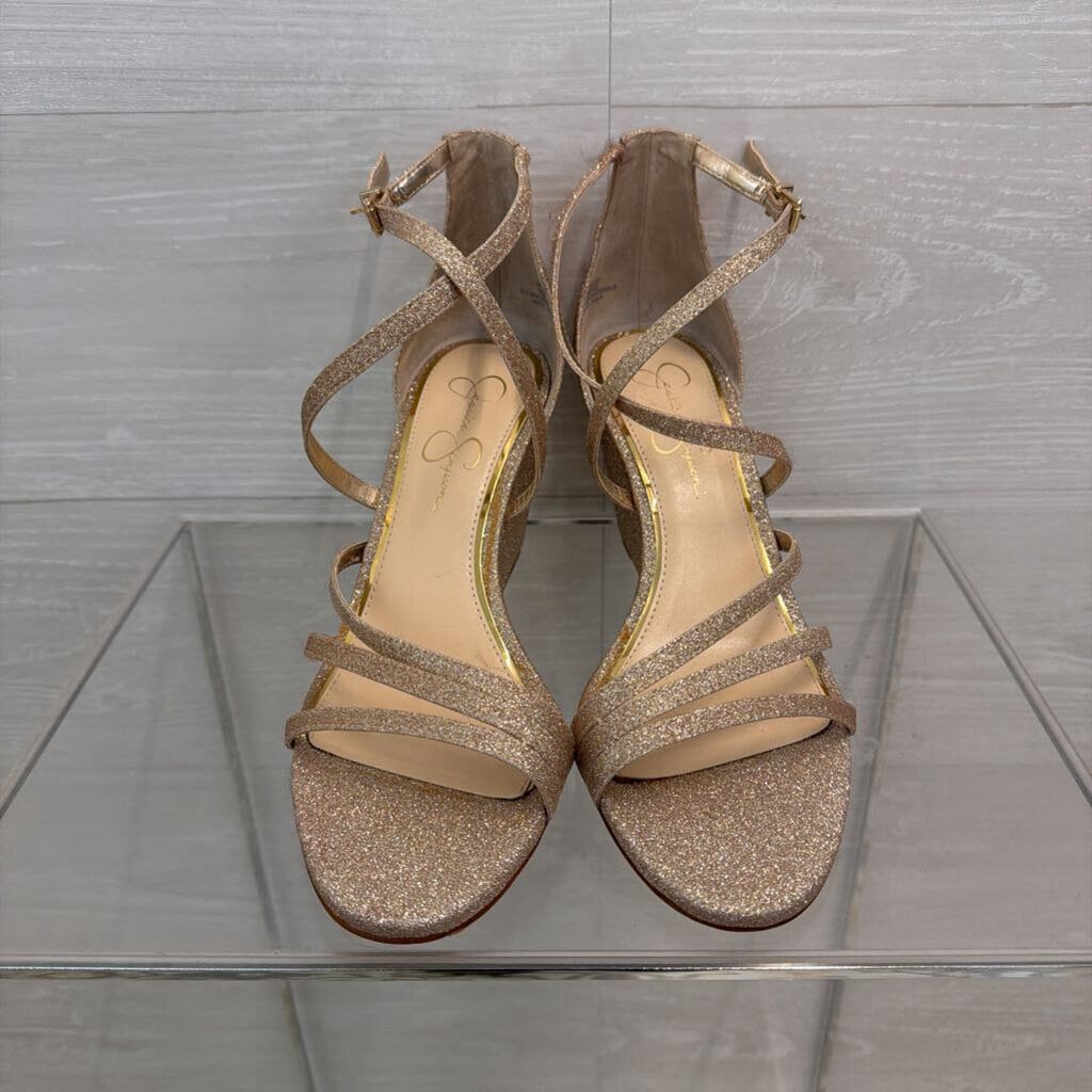 Jessica Simpson Gold Shimmer Strappy Wedge Heels 10