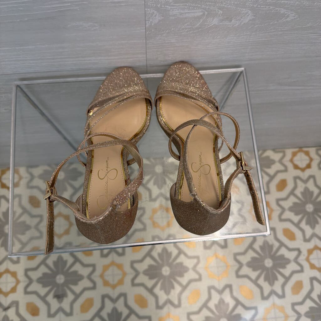 Jessica Simpson Gold Shimmer Strappy Wedge Heels 10