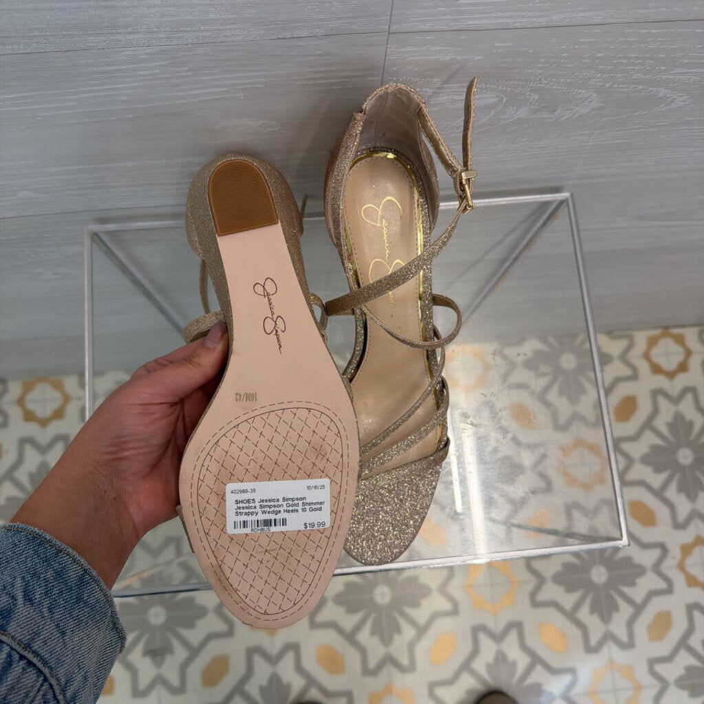 Jessica Simpson Gold Shimmer Strappy Wedge Heels 10